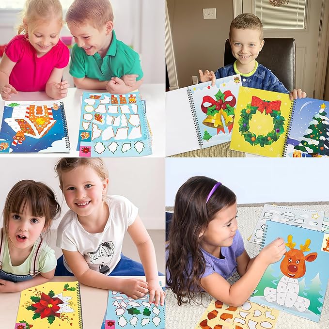 2PCS Christmas Crafts for Kids Ages 4-8 Sticker Paint Books - Includes Santa Clause Snowman Elf Gnome and More Designs Gift Party Create 22 Pictures