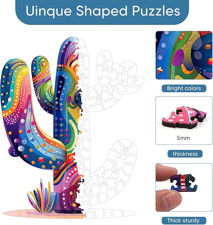 Colorful Cactus Wooden Puzzles for Adults, 200 Pieces Jigsaw Puzzles, Unique Shaped Medium Size Wood Puzzle Gift for Kids, Family Game 10.6'' x 13.4''