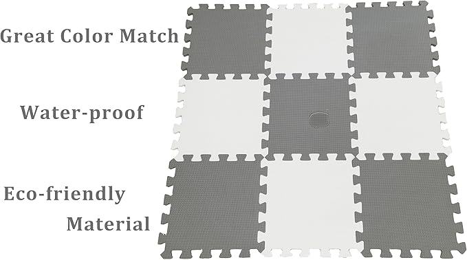 18 Pieces Foam Play Mat, Interlocking Playmat Tiles, Foam Floor Mat Tiles for Kids, Puzzle Play Mats, Exercise Gym Mats – Color of Gray & White with Border