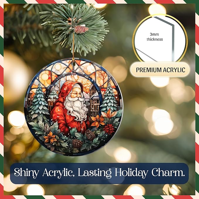 2025 Christmas Ornament – Vintage Santa Stained Glass Acrylic Ornament, Round Cathedral Window Design, Dated Navidad 2025 Decoration for Tree, Classic Holiday Santa Ornament Gift