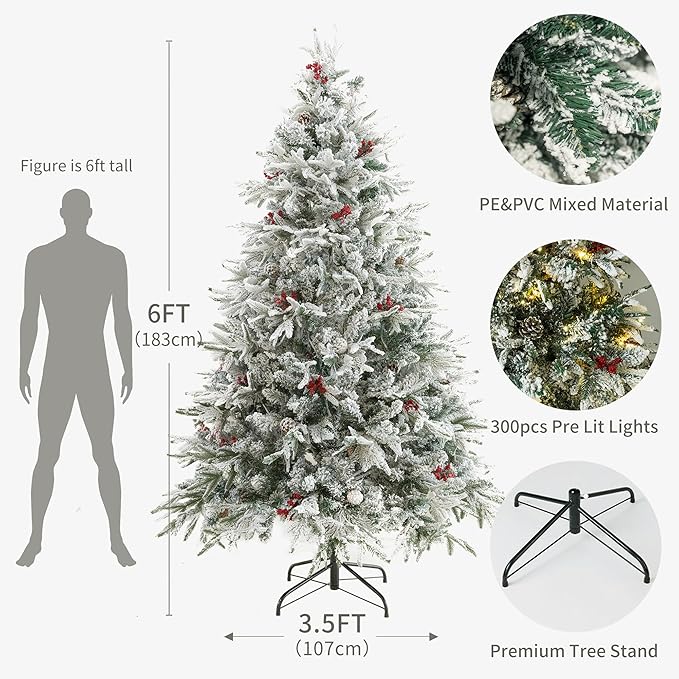 6FT Artificial Christmas Tree with 300 Multi-Colored String Lights with 11 Modes, Prelit Christmas Tree with Red Berry, Xmas Tree with Foldable Stand Christmas Decorations Decor