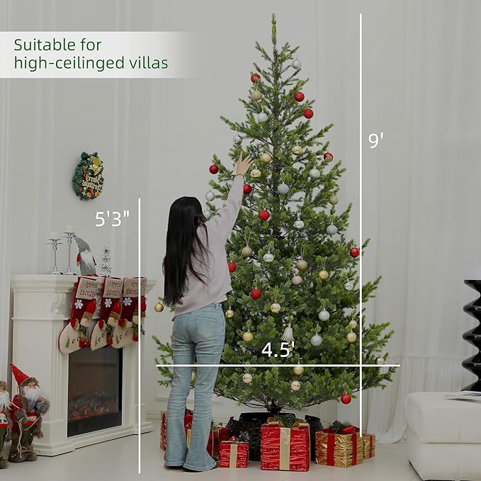 HOMCOM 9ft Artificial Christmas Tree, Sparse Realistic Cedar Tree with 4306 Tips, Easy Assembly, Hinged Xmas Tree for Home Office Holiday, Green