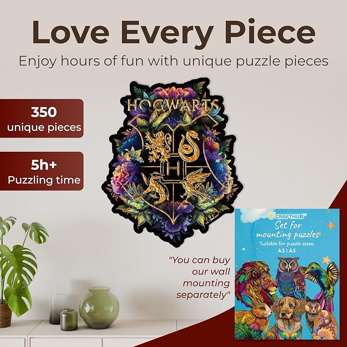 CRAFTHUB Harry Potter Puzzle – A2 Hogwarts Crest – Fine Oddities – Wooden Jigsaw Puzzles for Adults – 349 Unique Shaped Pieces – Officially Licensed Merchandise – 15.3" x 18.5"