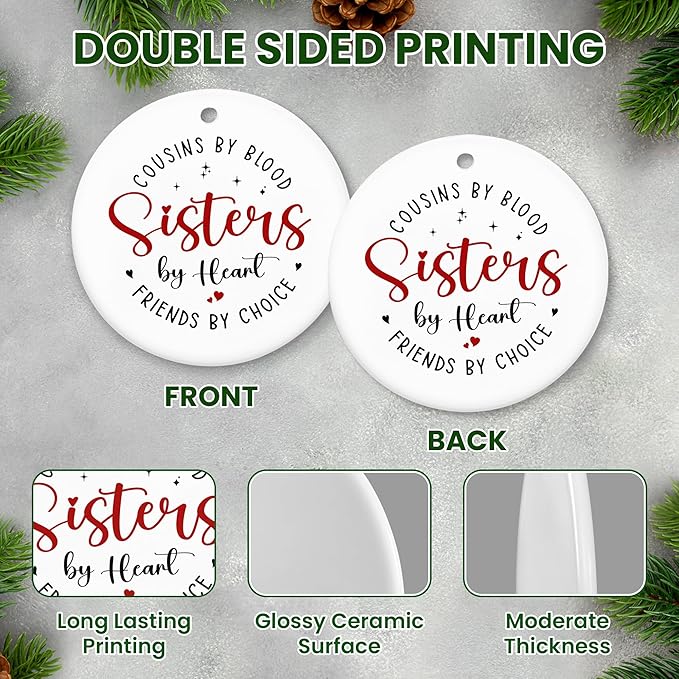 OASSIE Sister Christmas Ornaments Gifts for Cousins Female - Ceramic Christmas Ornaments 2025 for Tree Decor - Long Distance Cousins Sister Gifts for Women, Cousin Ornament for Xmas Decorations