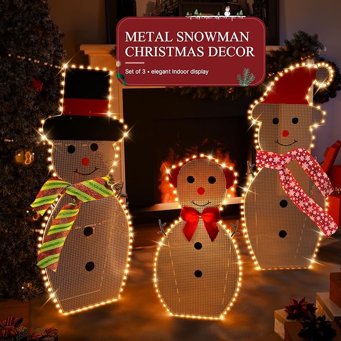 3-Piece Lighted Snowman Christmas Decorations Outdoor Yard Snow Man Family with 180 LED Lights, Snowman Yard Decorations, Christmas Yard Decorations for Outdoor Lighted Holiday Lawn Garden Porch