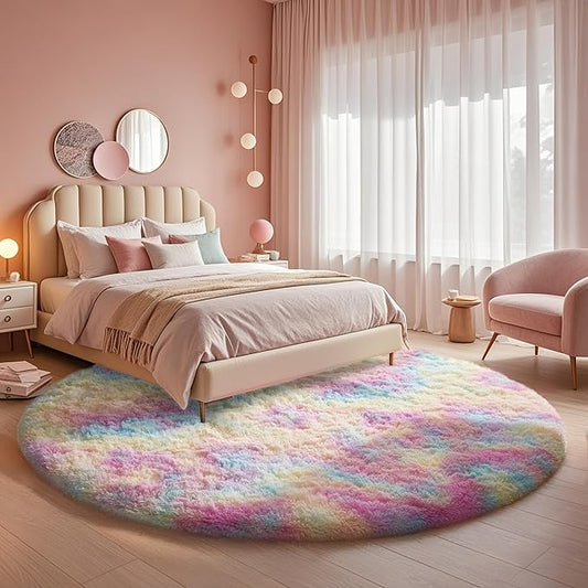 Ophanie Round Rug 5Ft Rainbow Circle Area Rug, Cute Room Decor for Teen Girls, Fluffy Fuzzy Bedroom Carpet, Plush Soft Shaggy Living Room Rugs for Kids Home Decor Aesthetic, Nursery