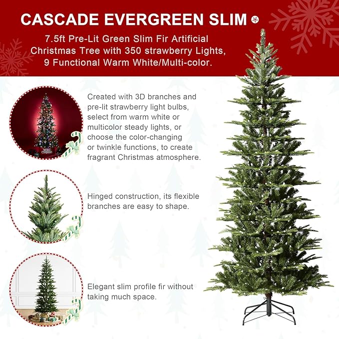 Glitzhome 7.5ft Artificial Prelit Christmas Tree, Cascade Evergreen Slim Christmas Tree with 350 Strawberry Lights,998 PE&PVC Tips, 9 Functional Warm White/Multi-Color, Remote Controller