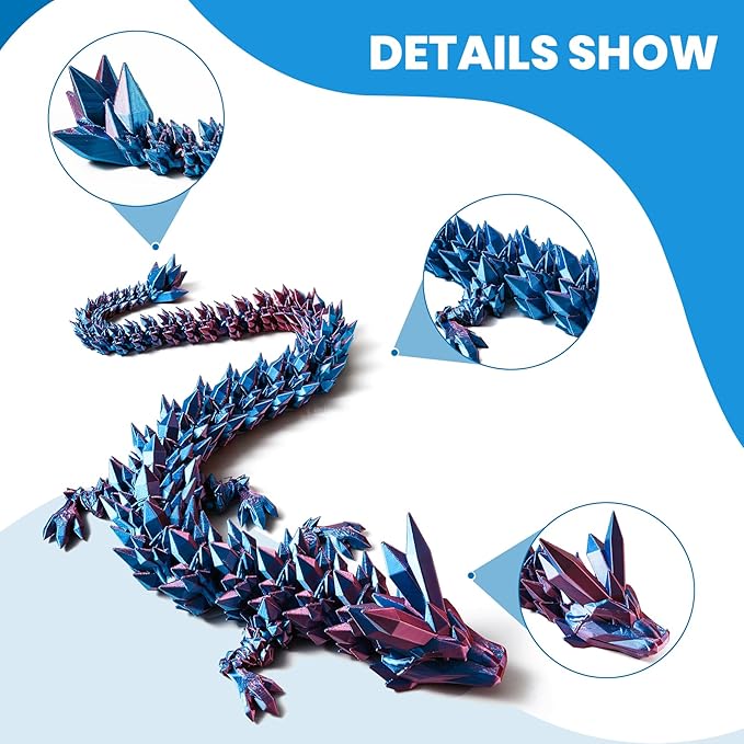 30'' 3D Printed Dragon - 3D Printed Toys, Articulated Crystal Dragon Large Rainbow Animal Fidget Toy, Decor Huge Dragons Collectible Figurines(Blue Purple,30inch)