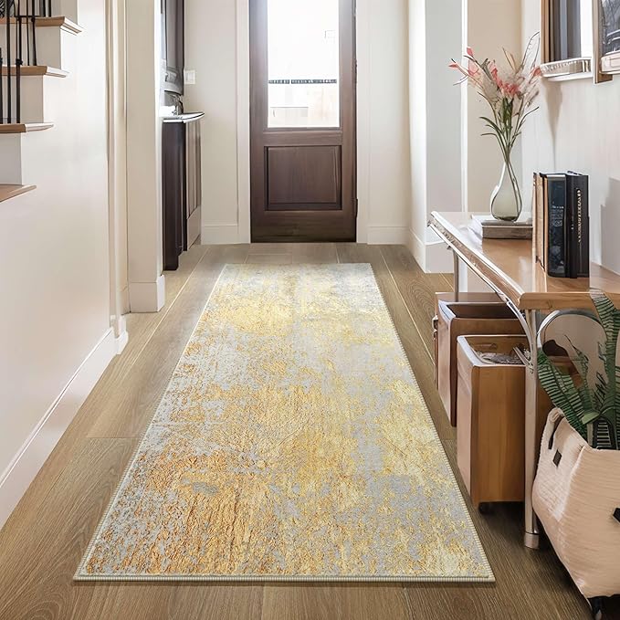 2x6 Rug Runners for Hallways Kitchen Runner Rug Non Slip Washable Long Runner Rugs with Rubber Backing Soft Abstract Carpet Runner for Hallways, Kitchen, Bathroom, Entryway (Orange, Silver & Gray)