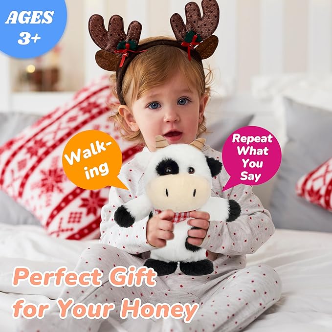 Hopearl Talking Singing Cow with Red Bib Repeats What You Say Walking Dairy Cattle Electric Interactive Animated Toy Speaking Plush Buddy Gifts for Toddlers, 9''
