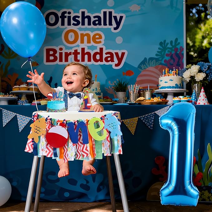 Ofishally Highchair Banner for Baby First Birthday Party Decorations Gone Fishing High Chair Tassel Garland Ofishally One Birthday Party Supplies for Boy 1st Bday Photo Props Backdrop Decors
