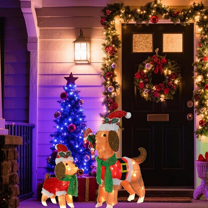 VCUTEKA 2FT Lighted Outdoor Christmas Beagle Decoration, Adorable Dog Set with LED Lights, Glittered Holiday Display for Lawn, Garden, Yard or Home Christmas Décor