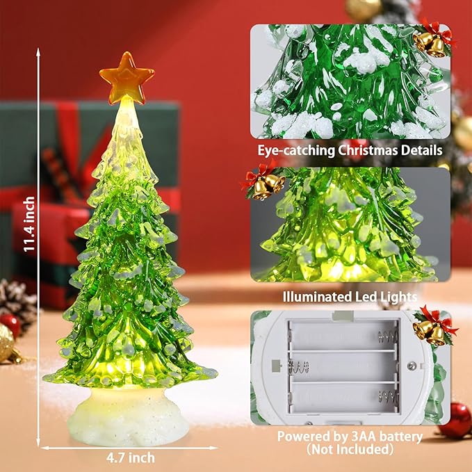 Acrylic Christmas Tree Table Decor, 12" Lighted up Christmas Tree Figurine, Battery Operated Home Decorations Gift for Indoor Holiday Party Mantel Fireplace Centerpiece Decor, Green