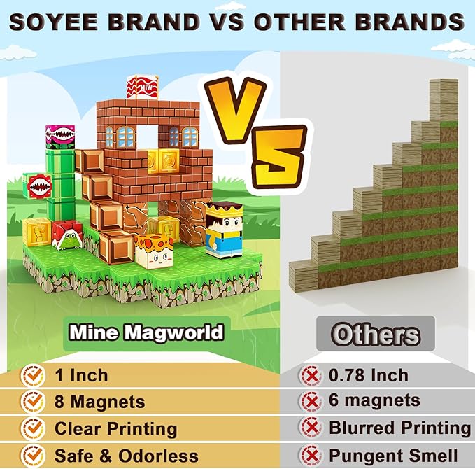 Soyee Magnetic Blocks Building Toys - Build Mine Magnet World Set Toddler Kids Sensory Toys for Boys & Girls Ages 3-5 5-7 8-12, 1'' Magnetic Cubes Game for Boys