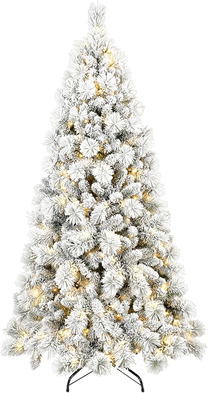 7 Ft Prelit Snow Flocked Christmas Tree with 450 Warm LED Lights, Premium Artificial Xmas Tree with 1060 Realistic Branch Tips, Metal Stand for Indoor Home/Office Holiday Decor (Easy Assembly)