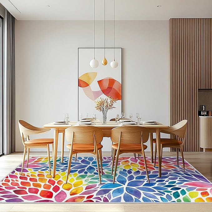 Abstract Colorful 5x7 Area Rug Modern Rainbow Dahlia Floral Rugs Multicolor Kids Area Rugs, Non-Slip Machine Washable Floor Carpet for Bedroom Living Room Playroom Classroom Dorm Office 5' x 7'