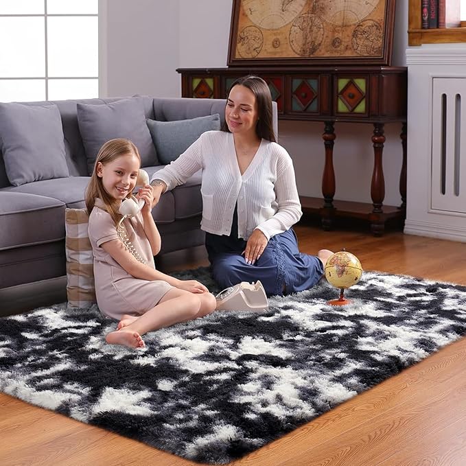 Ophanie Black and White Rugs for Bedroom Living Room, Fluffy Fuzzy Furry Carpet, Plush Soft Shaggy Bedside Indoor Floor 4x6 Area Rug for Kids Girls Boys Baby Teen Dorm Nursery Home Decor Aesthetic