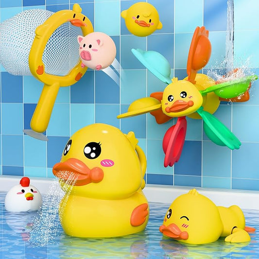 iPlay, iLearn Baby Duck Bath Toy, Toddler Bathtub Suction Water Spinner Gear, Kid Shower Fishing Game W/ Net, Light up Animal, Wind up Swimming Duck, Birthday Gift 6 9 12 Month 1 2 3 Year Old Boy Girl