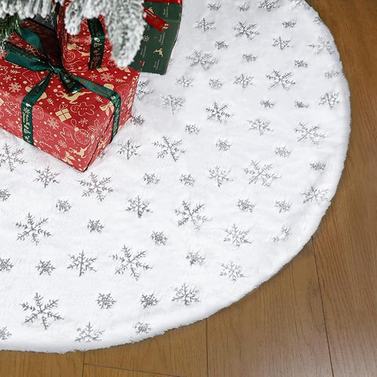 84 Inch Silver Snowflake Faux Fur Christmas Tree Skirt - Glitter Sequin Collar with Felt Base for 7.5-15 Ft Trees
