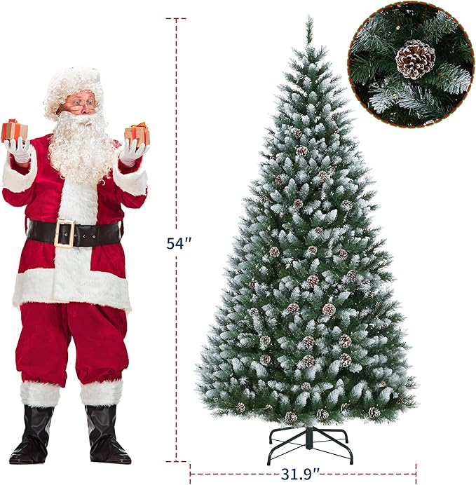 Garvee 4.5 ft Pre-Decorated Artificial Christmas Tree Prelit, Partially Flocked Design Xmas Tree with 352 Branch Tips, 150 LED Lights, Pinecones & Metal Stand for Christmas Decorations