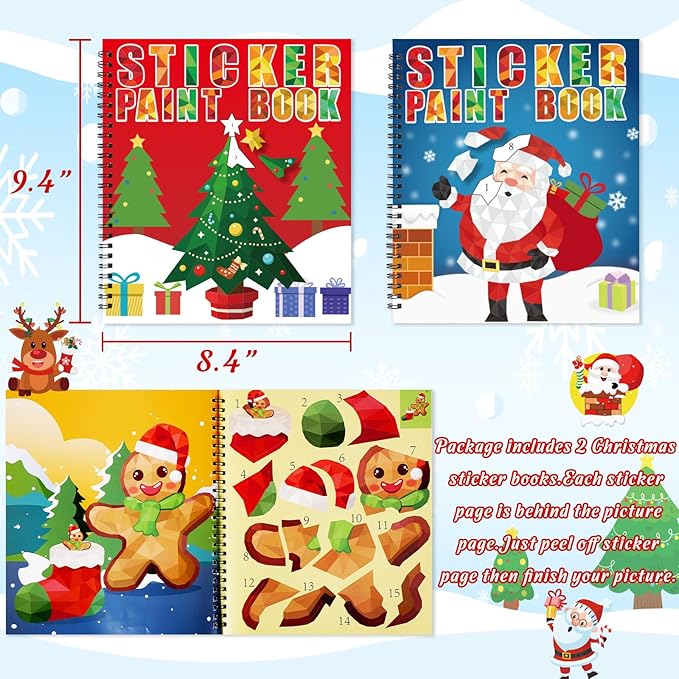 90shine 2PCS Christmas Crafts for Kids Ages 4-8 Sticker Paint Books Gifts Create 22 Pictures