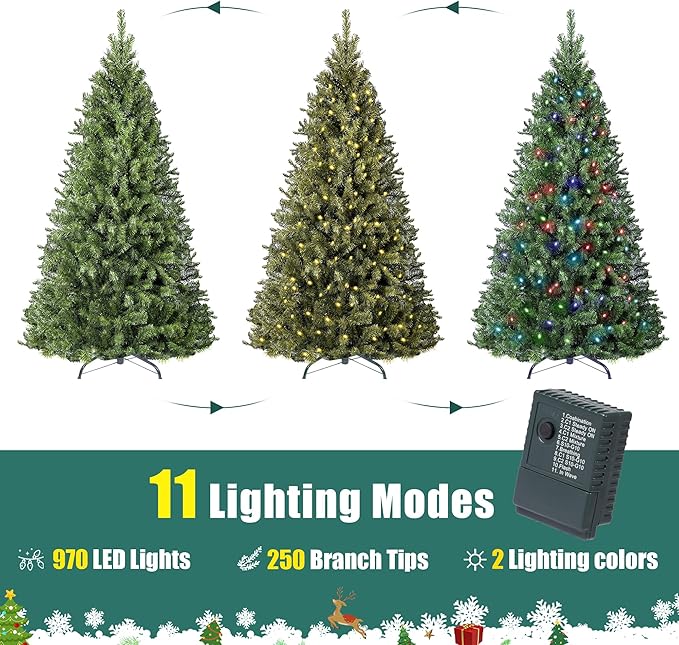 Annecy 6ft Pre-Lit Christmas Tree, Green Artificial Full Spruce Christmas Tree for Home, Office, Party Decoration w/ 970 Branch Tips, 250 Warm White & Multi-Color Lights, Metal Hinges&Base,Green 6 ft