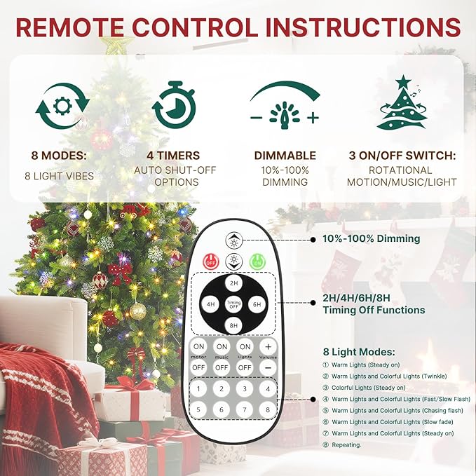 6.5ft Prelit Rotating Artificial Christmas Tree with Remote Timer & Dimmer, 340 Multi-Color LED Lights 1036 PE & PVC Branches for Holiday Decor