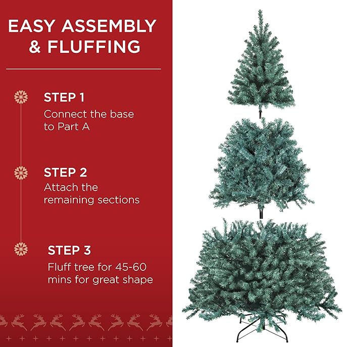 Best Choice Products 7.5ft Pre-Lit Blue Spruce Christmas Tree, Artificial Full Hinged Decor, Holiday Decoration w/ 420 Warm White Incandescent Lights, 1,384 Tips, Foldable Metal Base