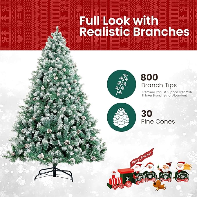 6ft Green Artificial Christmas Tree with Pine Cones and Snow Flocked Branches, Realistic Full Shape Xmas Tree with Sturdy Metal Stand for Indoor Holiday Decoration