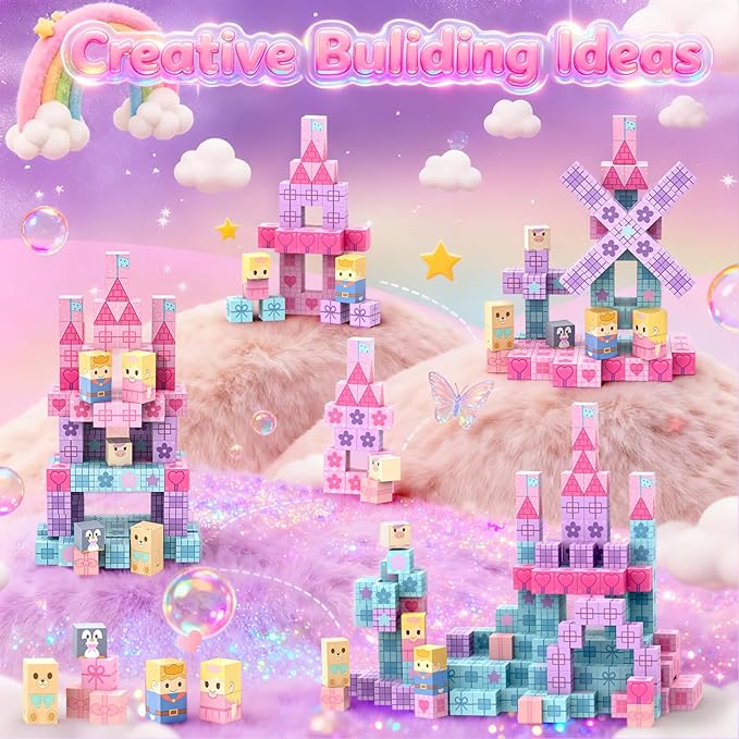 100 PCS Magnetic Blocks for Kids Ages 3 4 5 6 7 8 9 10, STEM Sensory Building Toys, Princess Castle Magnetic Toys, Christmas Birthday Gifts for Girls Toddlers