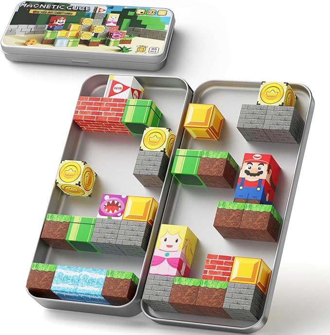 Mini Magnetic Blocks, Travel Magnet Building Blocks for Toddlers, 35 PCS Magnetic Building Toys with Portable Iron Box STEM Educational Magnet Toys for Kids Ages 3 4 5 6 7 8 Year Old Boys Girls