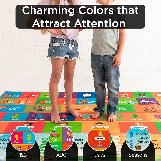 ABC Rug - Educational Rug for Kids, Classroom & Playroom, Durable & Washable, 33 sq ft, Red, Letter Print, Rectangular, Non Slip, Parent (6.5 FT X 5 FT)