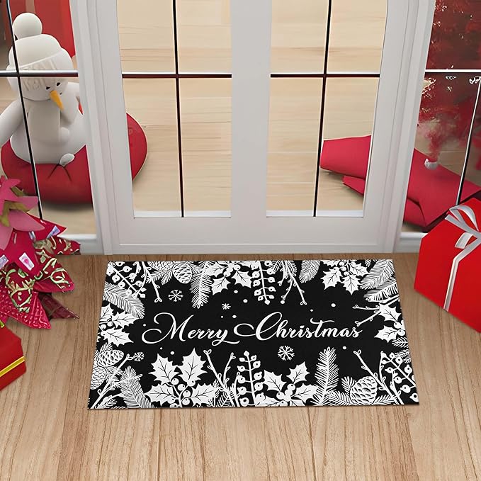 Black Christmas Doormat Outdoor Entrance Non-Slip Holly Pine Branches Pinecones Front Door Mat Merry Xmas Decor Washable Winter Welcome Doormat 17"x30" Christmas Decorations for Home Indoor Outdoor