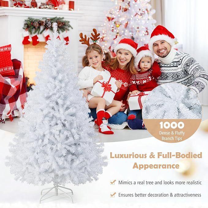 GOFLAME 6FT White Christmas Tree, Artificial Hinged Christmas Tree with 1000 PVC Branch Tips and Folding Metal Stand, Indoor Outdoor Xmas Decoration Tree for Home Office Party, Easy Setup