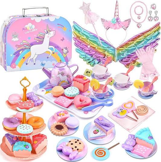 Tea Party Set for Little Girls: 63Pcs Pretend Play Toys, Unicorn Princess Dress Up Tea Time, Tin Tea Sets for Toddlers with Dessert, Carrying Case, Kids Kitchen Playset, Birthday Gift for Toddler Girl