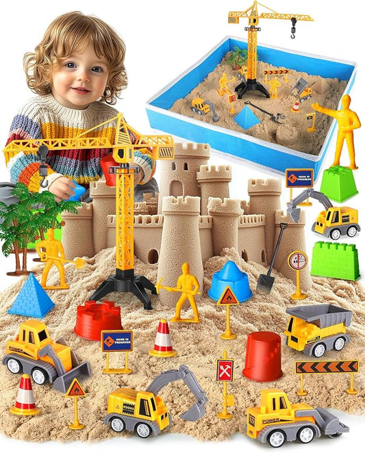 Sand Construction Site Kits, Construction Sensory Bins for Toddlers, Magic Play Sand Moldable Dream Folding Sand Boxes Zone Storage Container Castle Truck Sets Toys Bun for Kids Boys Girls