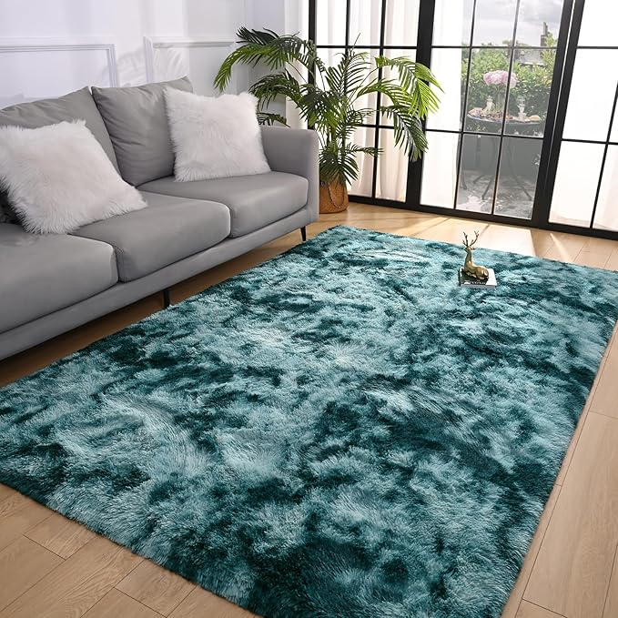 Pettop Fluffy Tie-Dye Peacock Blue Rug for Bedroom Living Room, 4x6 Feet Super Soft Shaggy Plush Fuzzy Rugs for Girls Kids Boys, Non-Slip and Washable Rug for Nursery Classroom, Carpet for Rooms Decor