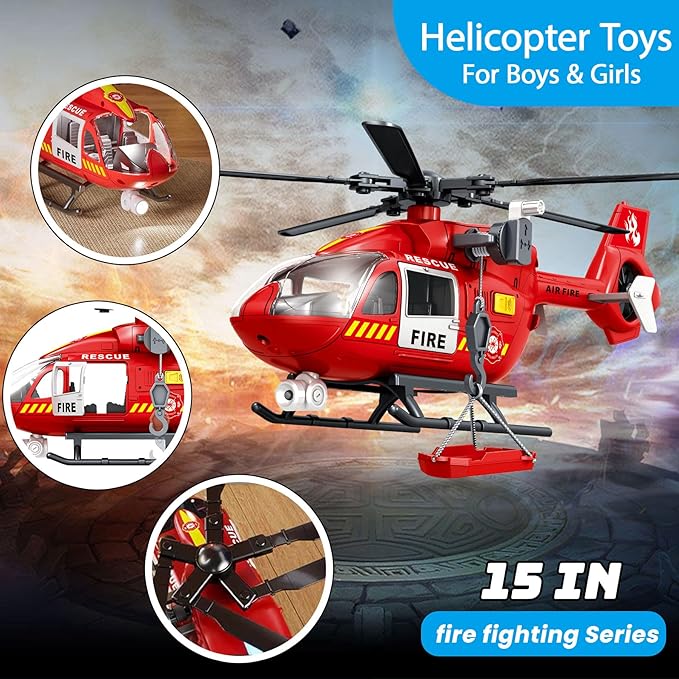 Wenbeier Fire Rescue Helicopter Toys for Boys with Hanging Basket Toy Airplane with Lights and Sound Firefighting Vehicles Toys for Kids Aged 3 4 5 6 7