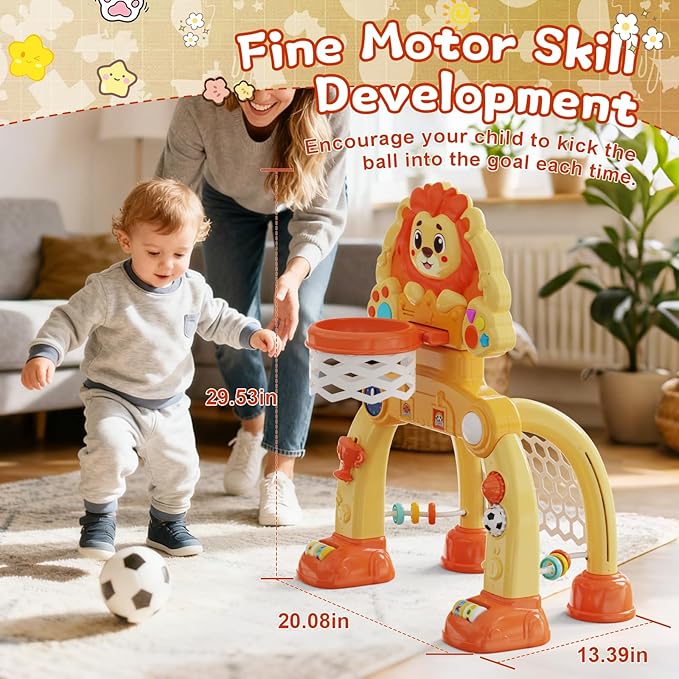 Toddler Basketball Hoop Soccer Goal for Kids 1-3, Baby Toys for 1 Year Old Boy Gifts, Kids Sports Toy with Light Sound Music, Baby Interactive Toys for Christmas Birthday Gifts for Baby(Lion)