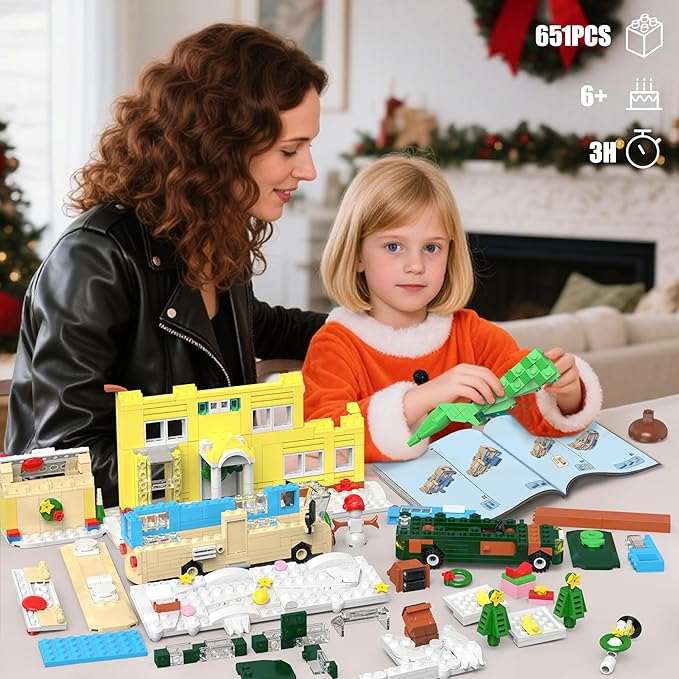 4 in 1 Snow Village,Pickup,Garage,RV Building Set Compatible with Lego,Xmas Decor Toys Gifts for Adults Girls Boys Ages 6+ (650 Pieces)