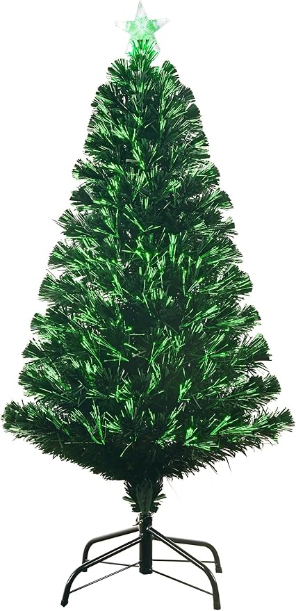 4FT Pre-lit Fiber Optic Christmas Tree with Lighted Star, PVC & Iron Construction, Green Artificial Christmas Tree with 141 Branch, Indoor Christmas Decorations, Holiday Home Xmas Decoration