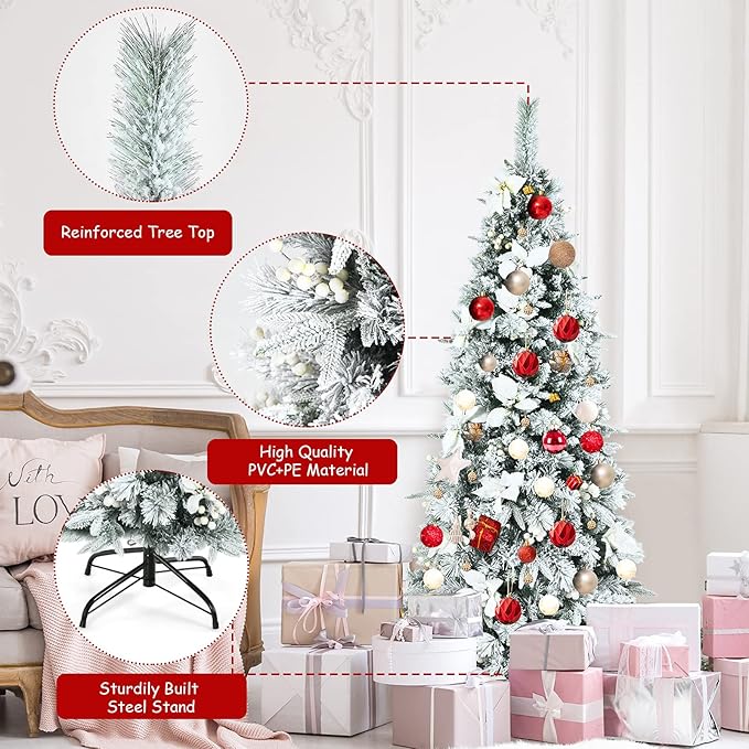 HappyGrill 6FT Skinny Pencil Christmas Tree with White Berries & Flowers, Hinged Artificial Tree with Metal Stand for Indoor/Outdoor