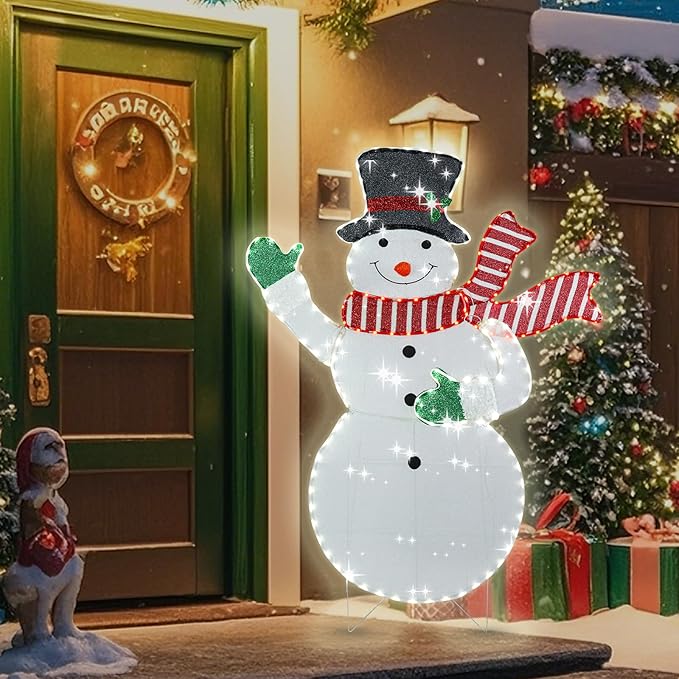 VCUTEKA Christmas Outdoor Decorations - 5.3FT Christmas Glittering Snowman with Red Scarf and Black Hat LED Light for Xmas Home Yard Patio Lawn Garden Festive Holiday Décor