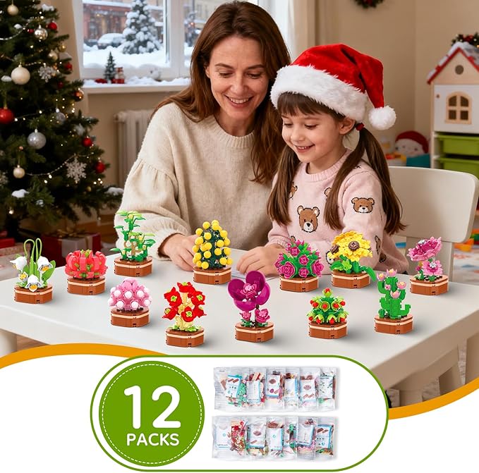 12 Pack Flower Succulent Building Block Set, 1001 Pcs DIY Creative Flowers Model Kit for Adults and Teens, Artistic Floral Home Decor, Perfect Christmas Birthday Gift for Loved Ones