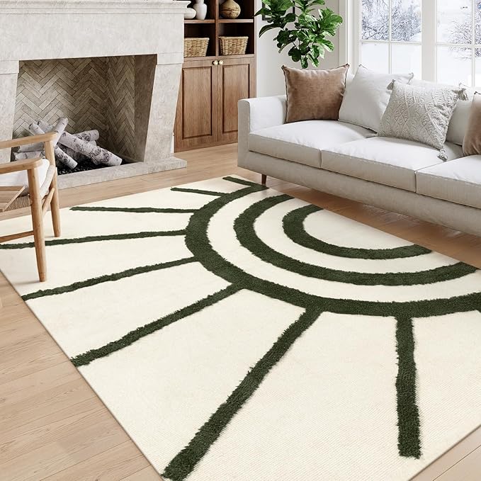 OJIA Washable 5'x8' Area Rugs, Green Tufted Sun Rug Living Room Rugs, Cotton Boho Bedroom Rug Farmhouse Nursery Rug Bohemian Floor Carpet for Playroom/Nursery/Classroom/Kids Room