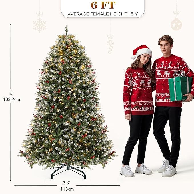 YITAHOME 6FT Prelit Frosted Green Artificial Christmas Tree with Remote, Pre-Decorated Christmas Tree w/ 1838 Tips, 80 Pine Cones & 80 Berries, 450 Warmwhite & Multi-Color Lights, 11 Modes, Green Bell