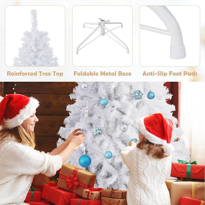 GOFLAME 7.5FT White Christmas Tree, Artificial Hinged Christmas Tree with 1346 PVC Branch Tips and Folding Metal Stand, Indoor Outdoor Xmas Decoration Tree for Home Office Party, Easy Setup