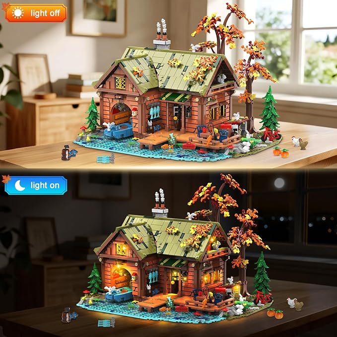 Overwater Cabin Mini Building Set with Light, 2423 PCS Wooden Forest House Building Block Toy with Boat Bike Animals, Home Decor Treehouse Construction Model Kit for Adults Teens Boys Girls 12+
