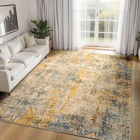 Ompaa Living Room Rug 5x7 Beige Area Rug Machine Washable Boho Rug Non Slip Abstract Vintage Indoor Large Rugs for Bedroom, Classroom, College Dorm, Farmhouse, Dining Room, Kids Playroom