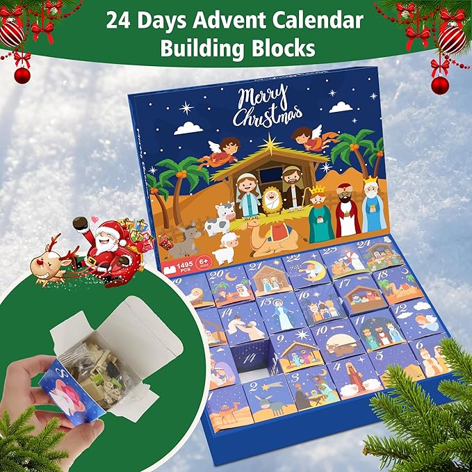 Nativity Advent Calendar 2025 Kids, 24 Days Christmas Countdown Nativity Building Blocks Kit, Christian Scene Advent Bricks Christmas Gifts Toys for Boys, Girls, Teens & Adults Ages 6+